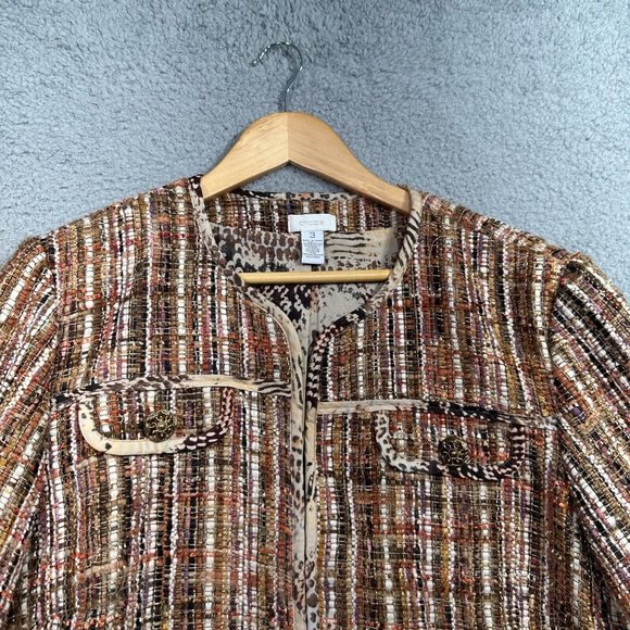 Chicos L-XL Size 3 Jacket nubby woven Tweed Brown Fringe designer style pockets - Picture 5 of 14